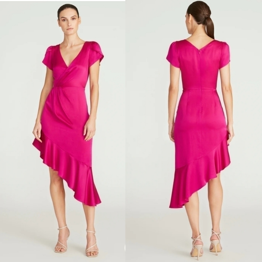 New Theia Lisette High-Low Ruffled Soft Dahlia Cocktail Midi Dress NWT Size 6